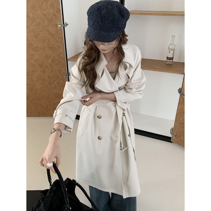 Women Boxy Midi Length Trench Coat with Soft Draping and Adjustable Cuffs Mune Fashion