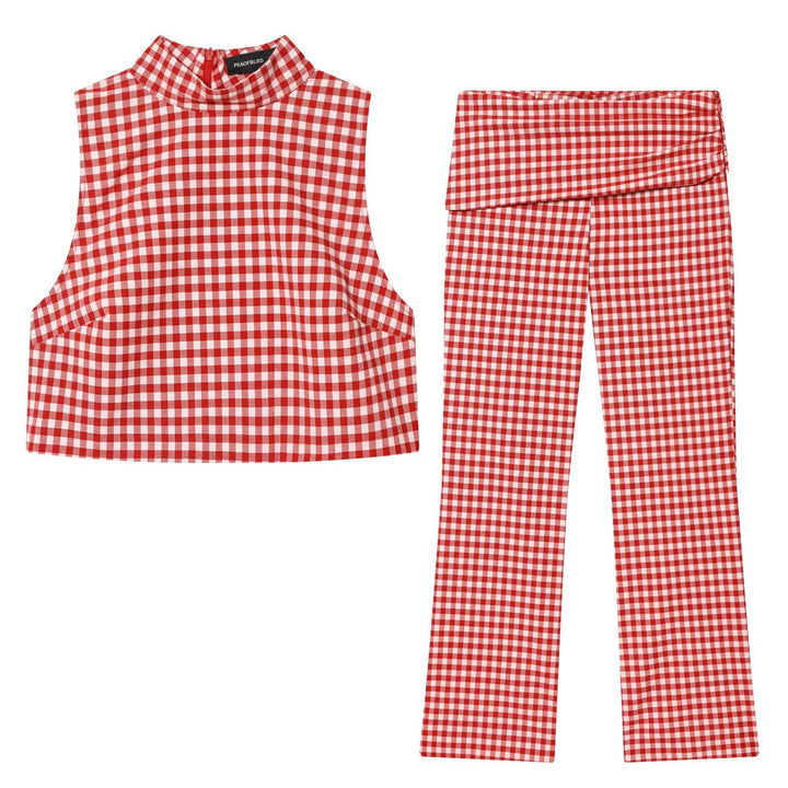 Women's Highwaist Checked Pants with Cuffed Waistband and Wide Leg Mune Fashion