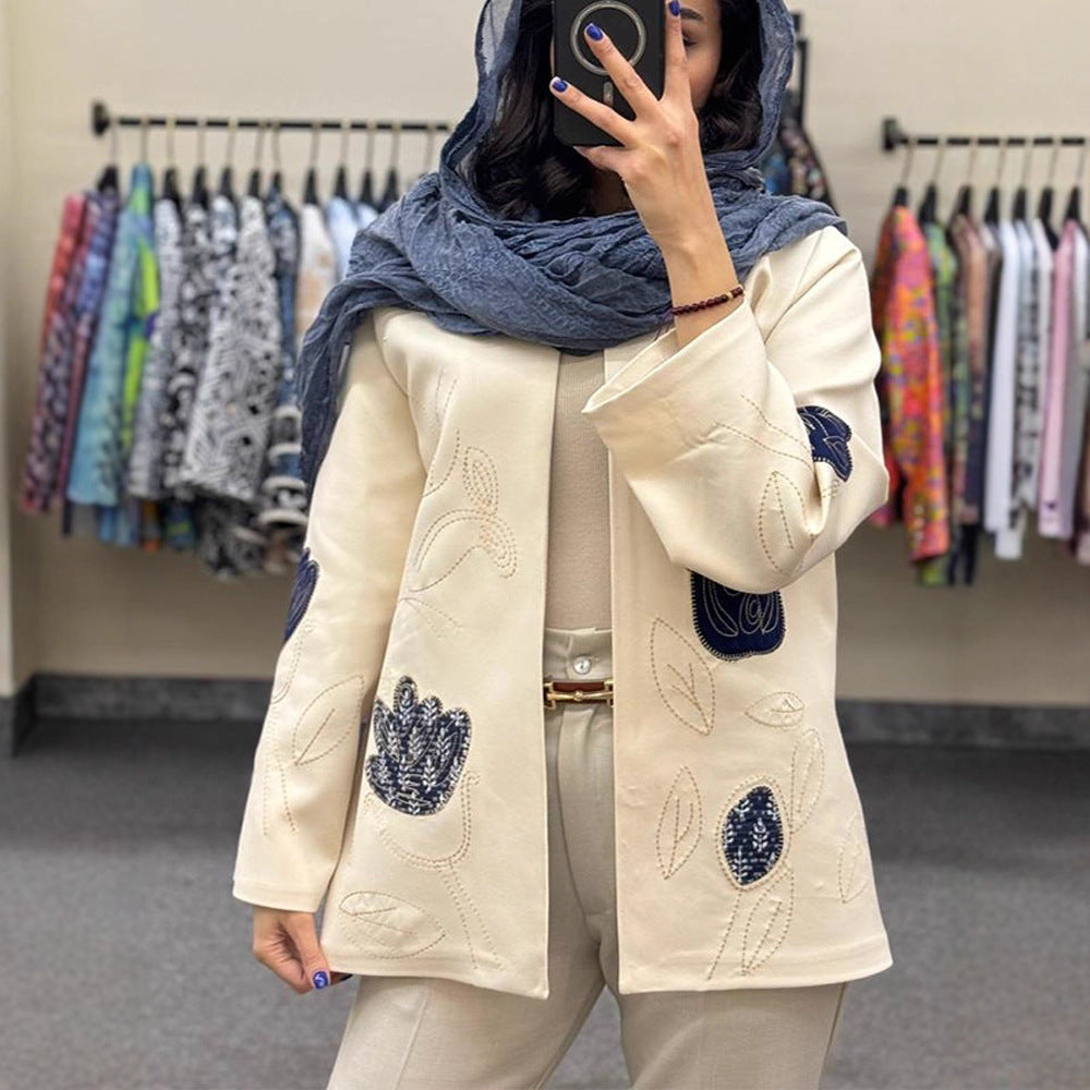 Women open cardigan blazer with floral embroidery & appliqués Mune Fashion