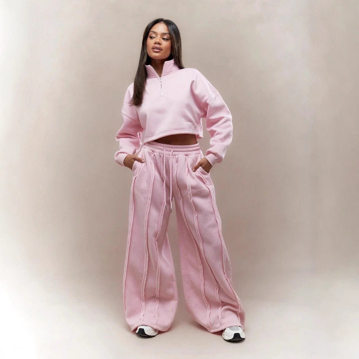 Women Crop-Half-Zip Sweatshirt and High-Waist Wide-Leg Lounge Pants Set with Visible Stitching Details Mune Fashion