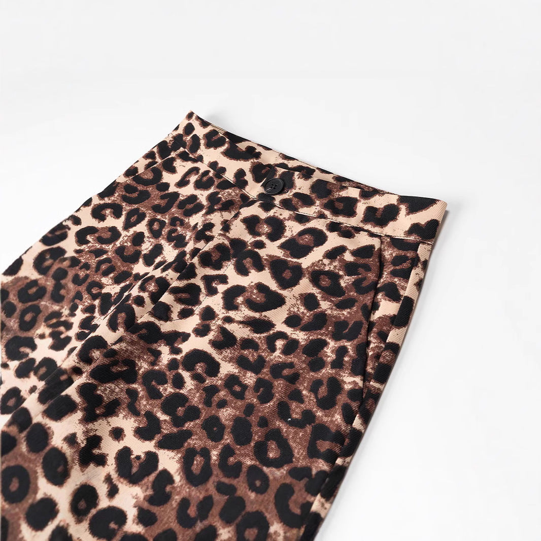Ladies Wide High-Waist Palazzo Pants with Leopard Print and Flowing Fall Mune Fashion