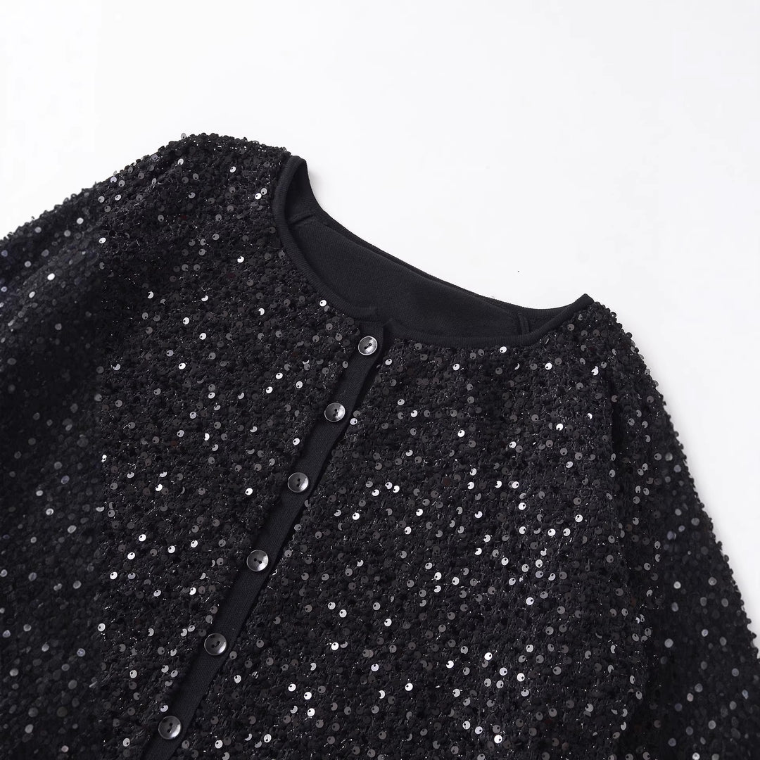 Women's sequin cardigan with round neckline and discreet button placket Mune Fashion