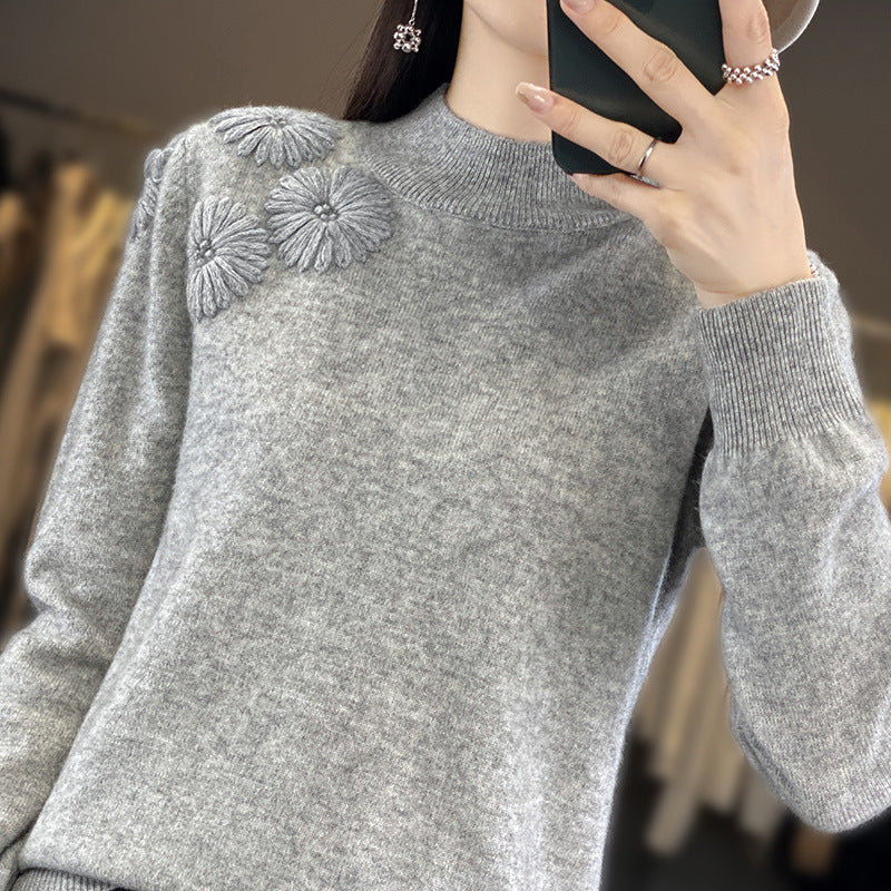 Women Soft Fine Knit Sweater with Short Stand-Up Collar, 3D Flower Application and Ribbed Cuffs Mune Fashion