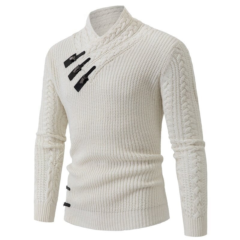 Men's knitted sweater with shawl collar, cable pattern, and distinctive buckle closures Mune Fashion