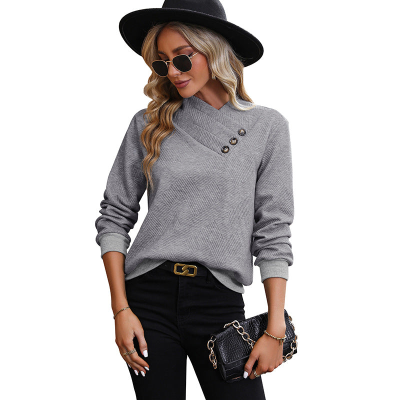 Women Elegant Long Sleeve Sweater with Diagonal Neckline and Button Details Mune Fashion