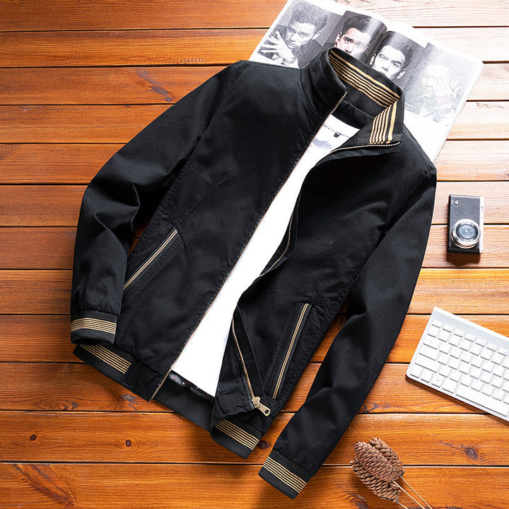 Men's lightweight canvas bomber with striped ribbed cuffs, stand-up collar and zippered pockets Mune Fashion