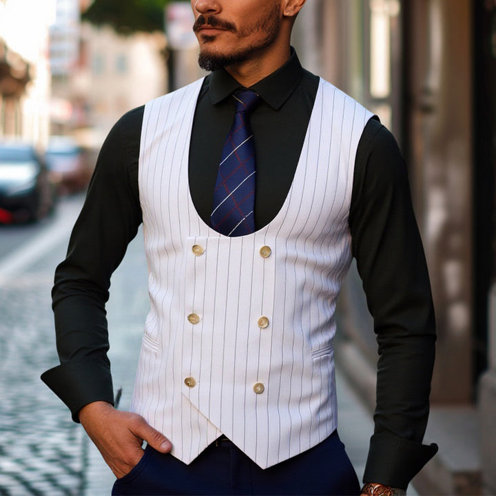 Men's double-button U-neck vest with pinstriped pattern and slim silhouette Mune Fashion