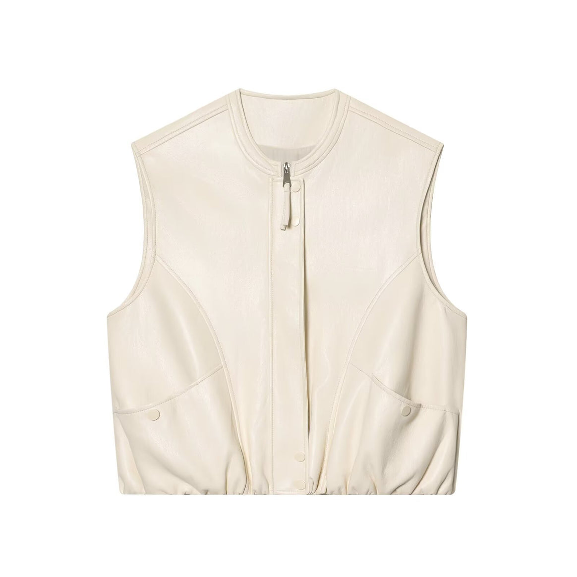 Women's Sleeveless Leather-Look Vest with Stand Collar, Two-Way Zipper and Flap Pockets Mune Fashion
