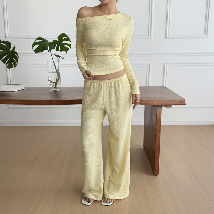 Women nan legeres Crinkle-Lounge-Set with Off-Shoulder Crop-Top and wide High-Waist Palazzo pants Mune Fashion
