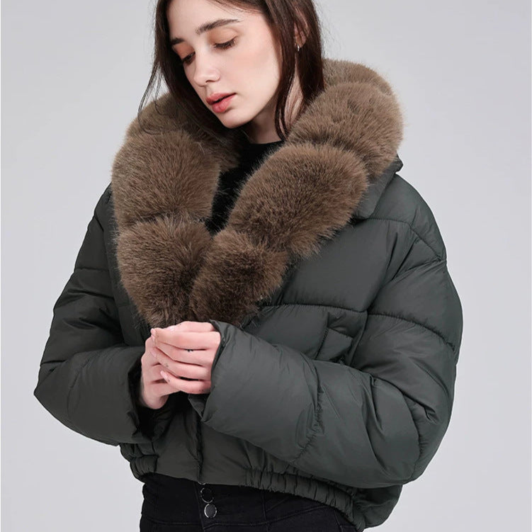 Women's Short Quilted Puffer Bomber Jacket with Extra Wide Faux Fur Collar Mune Fashion