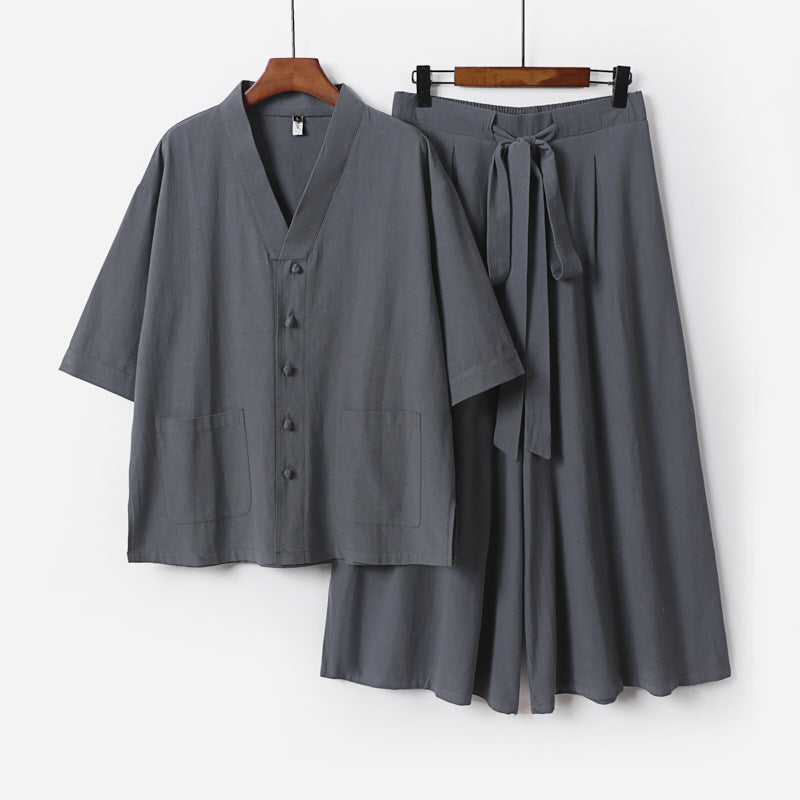 Women Two-Piece Kimono Lounge Set with Short Sleeve Button Jacket, Patch Pockets and Wide Palazzo Pants Mune Fashion