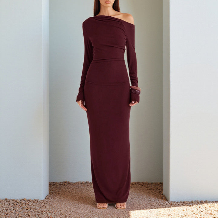 Women One-Shoulder Evening Maxi Dress with Long Sleeve and Tailored Draping Mune Fashion