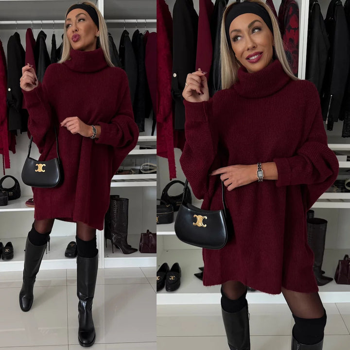 Women's cozy chunky knit mini dress with extra high turtleneck and oversized fit Mune Fashion