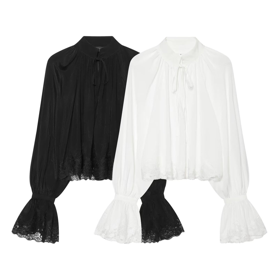 Women's Transparent Blouse with Stand Collar, Ruffle Sleeves and Lace Trim Mune Fashion