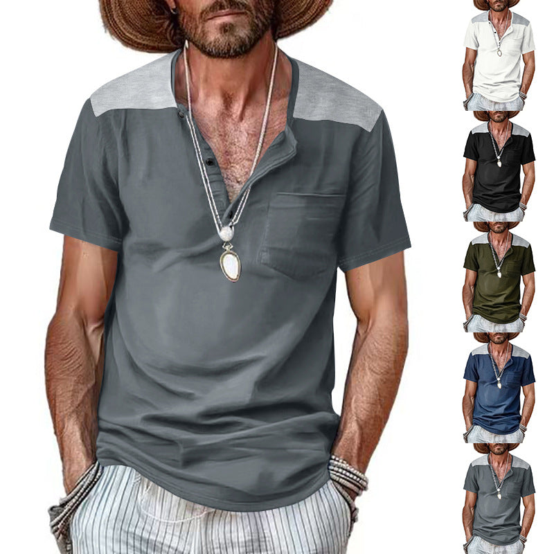 Men's short-sleeve henley shirt made of soft cotton blend with chest pocket and shoulder yoke Mune Fashion