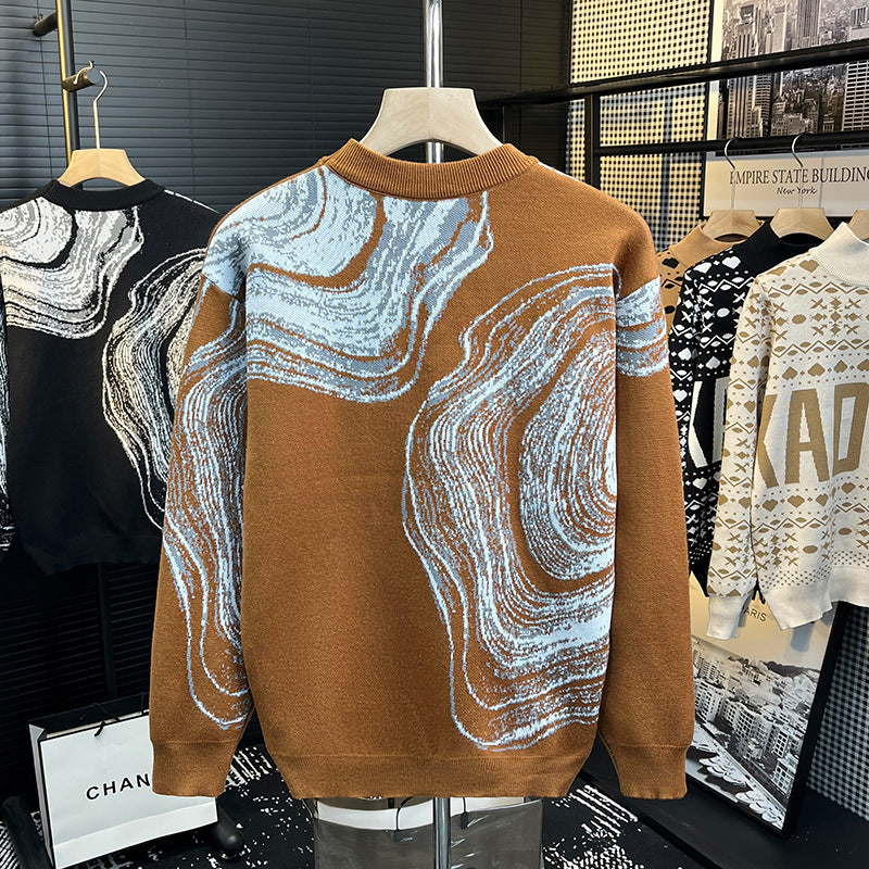Men's chunky knit crew neck sweater with abstract marble jacquard Mune Fashion