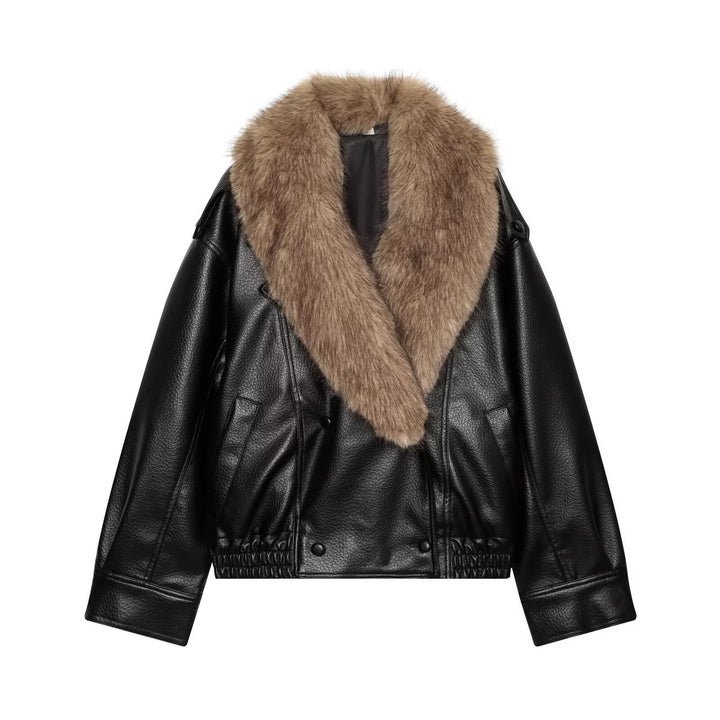 Women's Short Cut Biker Leather Jacket with Voluminous Faux Fur Shawl Collar Mune Fashion