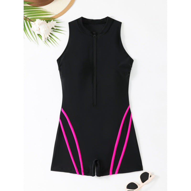 Women's sporty one-piece swimsuit with zipper and accent lines Mune Fashion