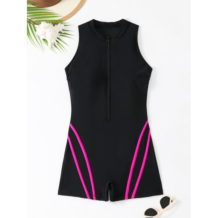 Women's sporty one-piece swimsuit with zipper and accent lines Mune Fashion