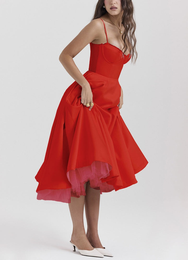 Women's tailored retro-inspired midi dress with corset underbust seams, flared skirt, and side pockets Mune Fashion