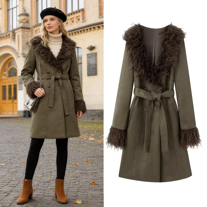 Women Long Coat in Lambskin Look with Tied Belt and Fur Collar Mune Fashion