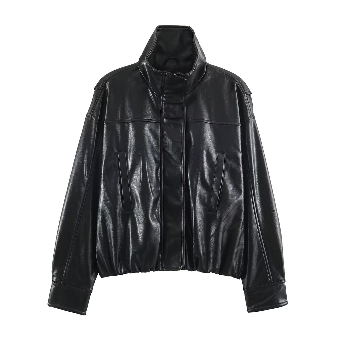Women's Oversized Leather Look Blouson Jacket with Stand-up Collar and Elastic Hem Mune Fashion