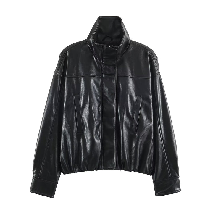 Women's Oversized Leather Look Blouson Jacket with Stand-up Collar and Elastic Hem Mune Fashion