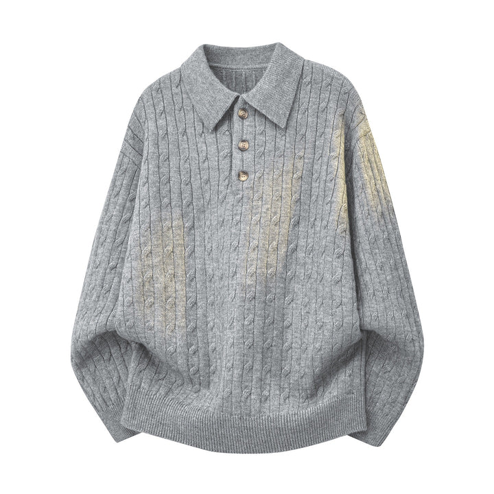 Men's Chunky Knit Oversized Polo Sweater with Button Placket & Cable Knit Pattern Mune Fashion