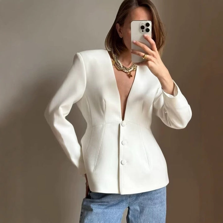 Women Tailored Blazer with Deep V-Neck and Concealed Button Placket Mune Fashion