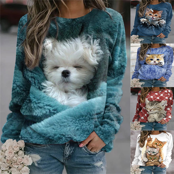 Women Cozy Oversized Fleece Pullover with Large Puppy Photo Print Mune Fashion