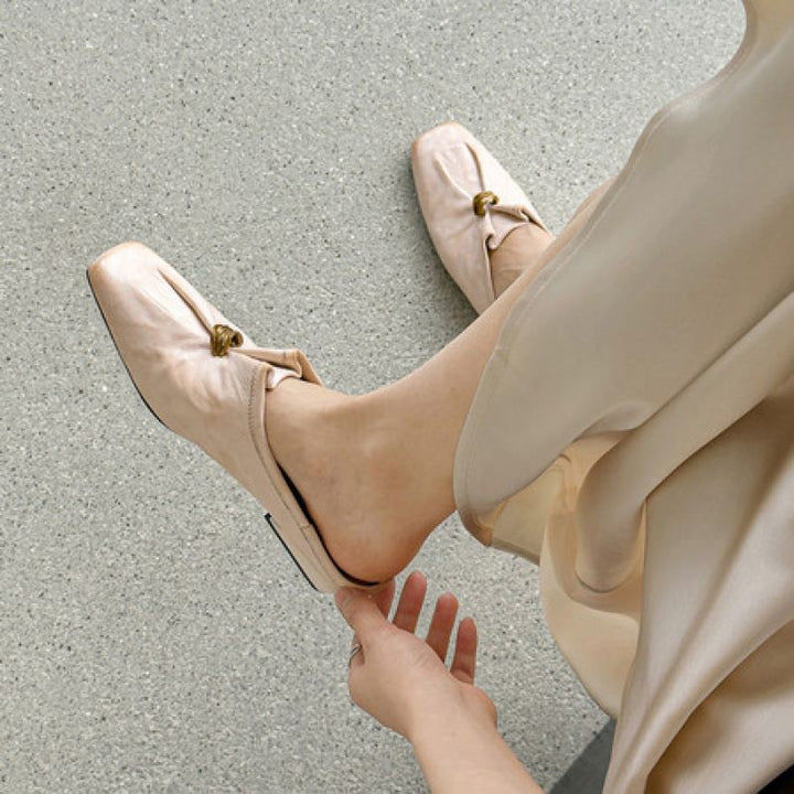 Women Elegant Leather Mules with Square Cap, Soft Pleating Effect and Decorative Metallic Cord Mune Fashion