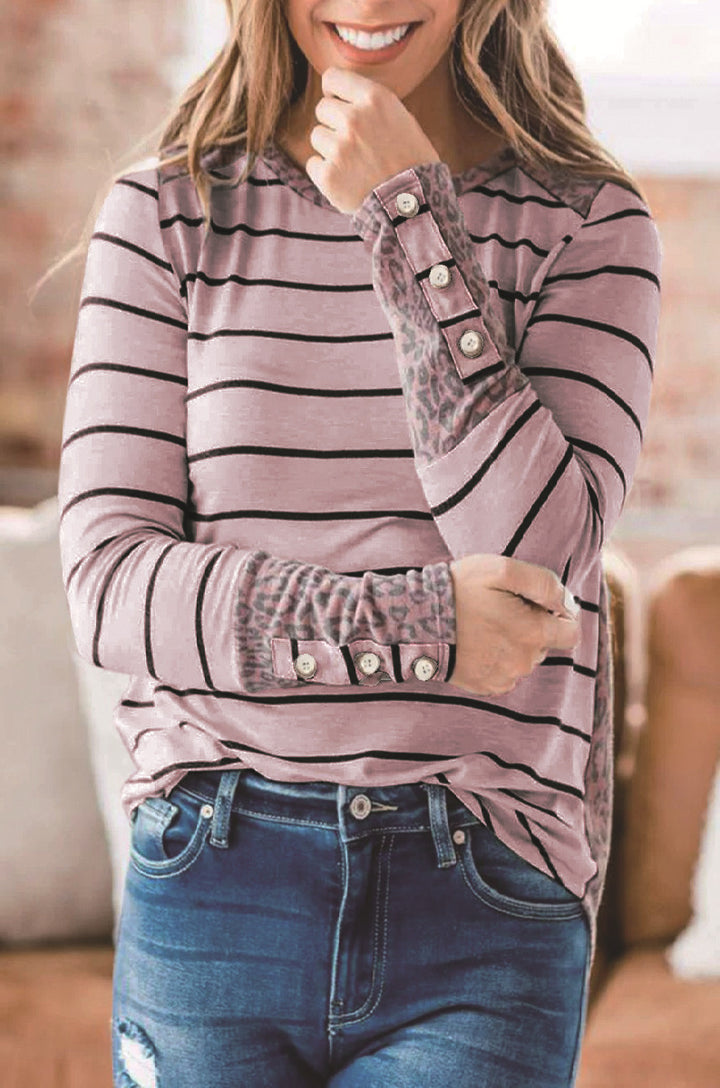 Women's Casual Striped Long Sleeve Shirt with Button Cuffs and Leopard Contrast Mune Fashion