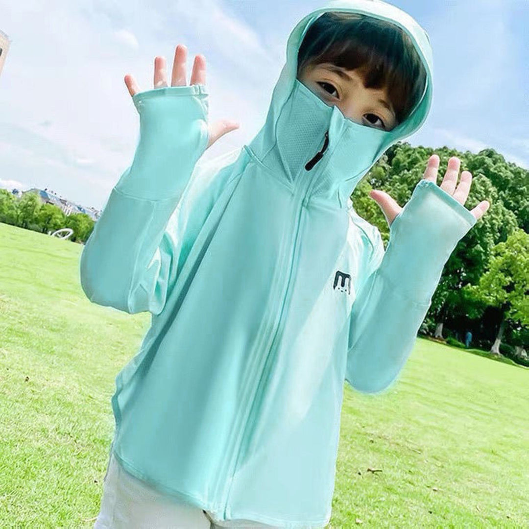 Unisex nan UV-protection hooded jacket for children with integrated face mask and thumb holes Mune Fashion