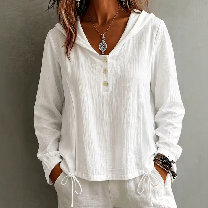 Women's Light Hooded Blouse made of Cotton Crinkle with Button Placket and Drawstring Hem Mune Fashion