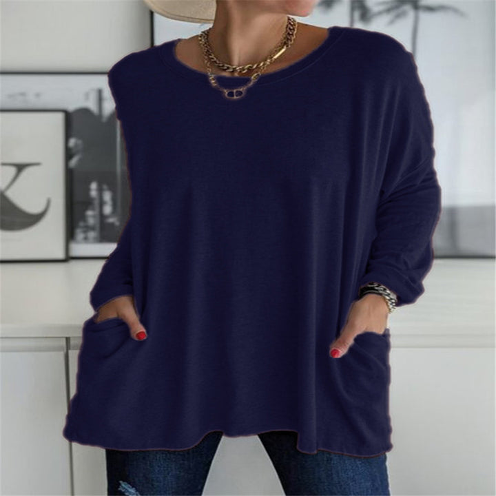 Women's oversized long sleeve tunic with round neckline, drop shoulder and patch pockets Mune Fashion
