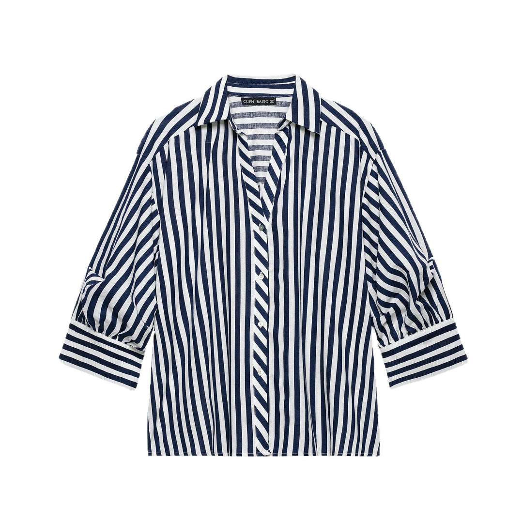 Women Oversized Shirt Blouse with Maritime Pinstripes and Three-Quarter Length Balloon Sleeves Mune Fashion