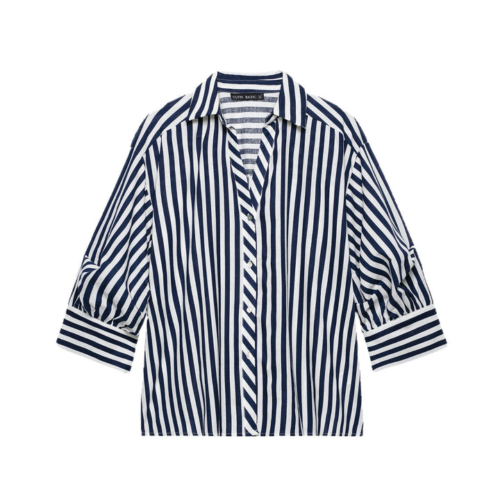 Women Oversized Shirt Blouse with Maritime Pinstripes and Three-Quarter Length Balloon Sleeves Mune Fashion