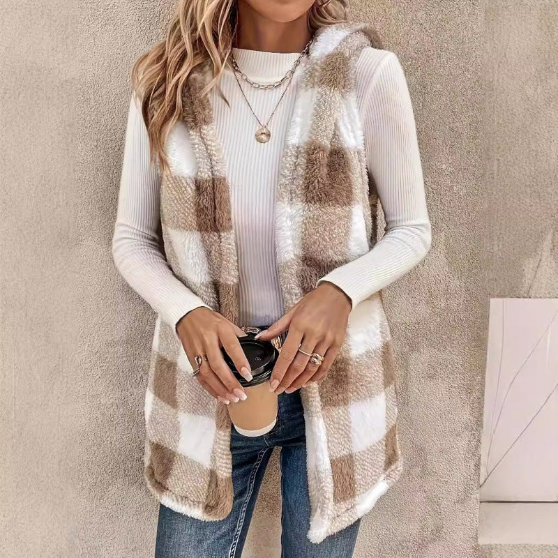 Women Sleeveless Teddy Vest with Hood and Check Pattern Mune Fashion