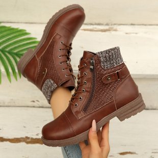 Women's ankle-high lace-up ankle boots with knitted shaft, side zipper, and molded rubber sole Mune Fashion