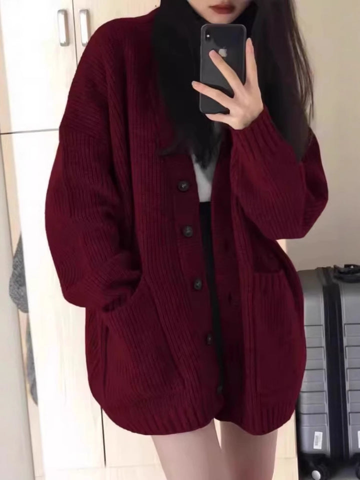 Women Oversized Knit Cardigan with Patch Pockets and Continuous Button Placket Mune Fashion