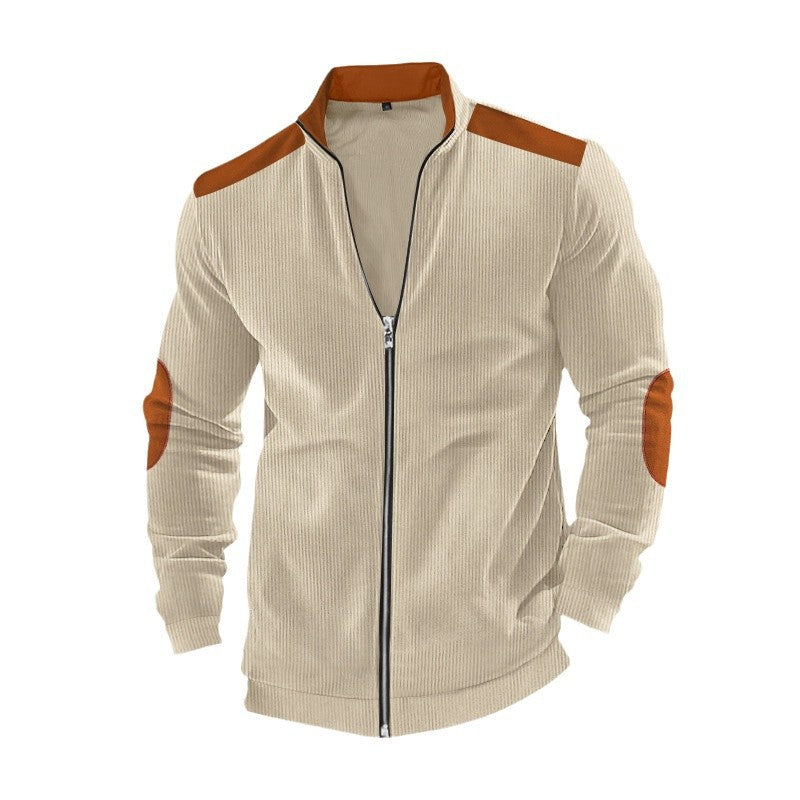 Men's stand-up collar sweat jacket with fine ribbed structure, elbow patches and contrasting shoulder details Mune Fashion