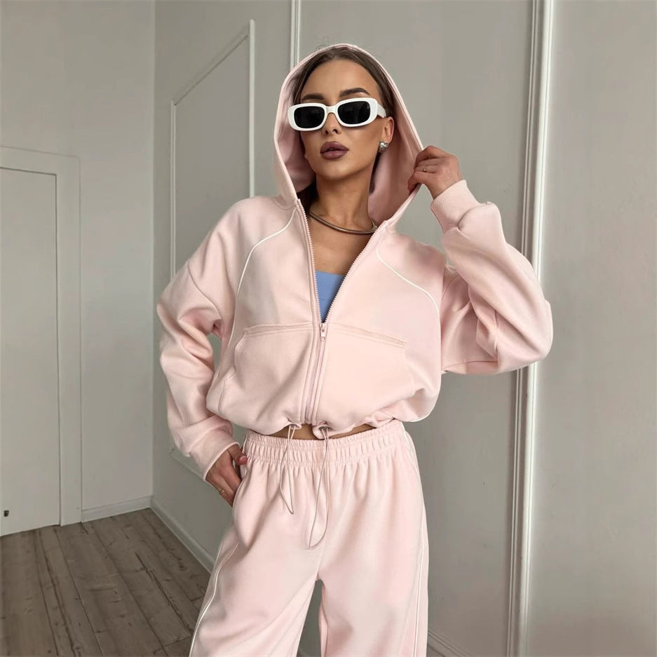 Women's hooded jacket and wide jogging pants set with contrast seams Mune Fashion