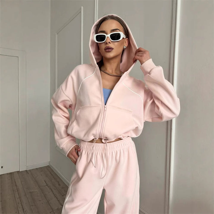 Women's hooded jacket and wide jogging pants set with contrast seams Mune Fashion