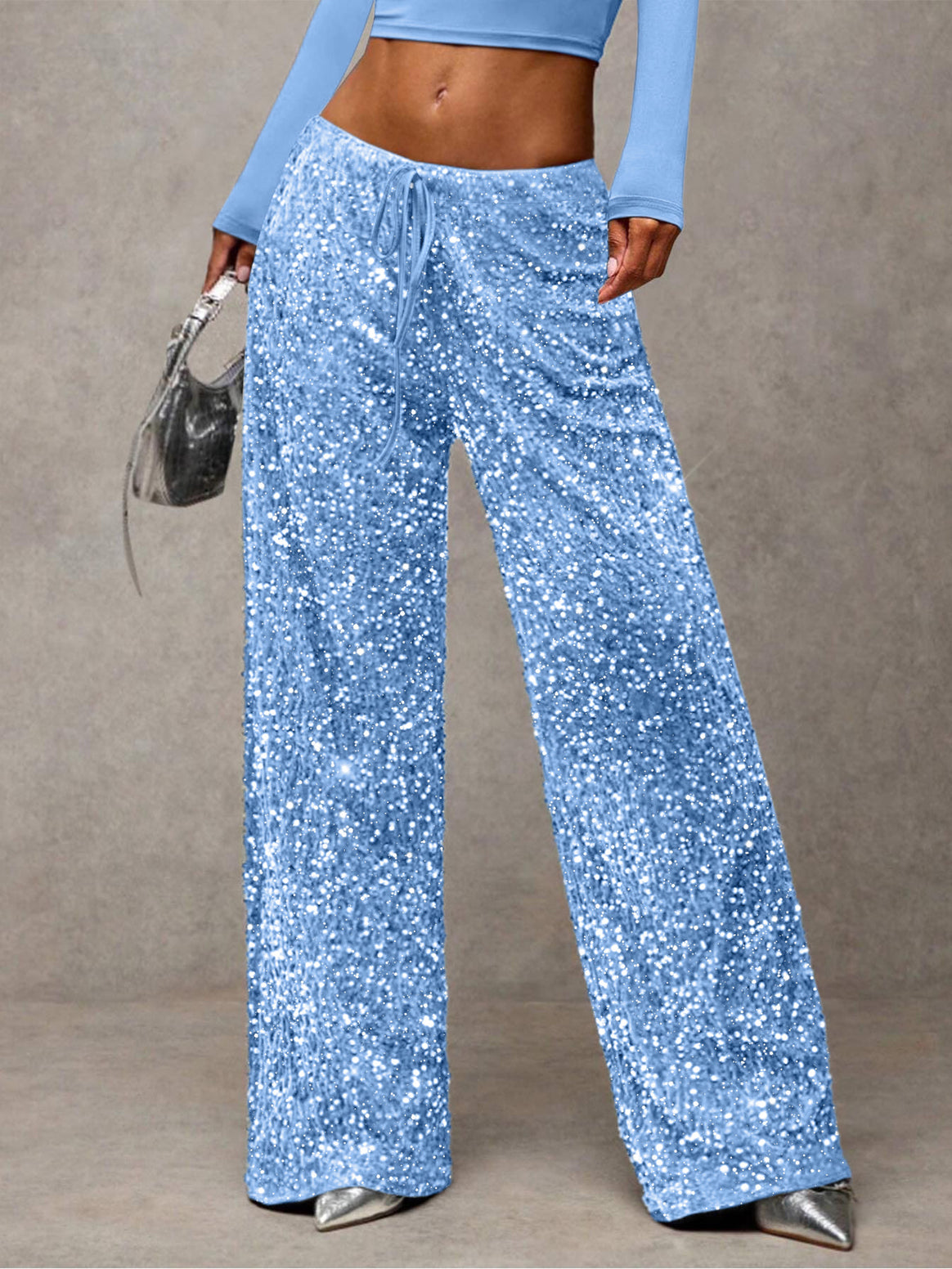 Women Sequin Palazzo Trousers with High Waist and Drawstring Mune Fashion