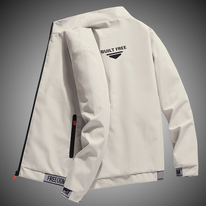 Men's lightweight windproof leisure jacket with logo print, zip pockets, and elastic hem Mune Fashion