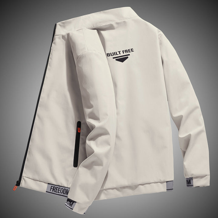Men's lightweight windproof leisure jacket with logo print, zip pockets, and elastic hem Mune Fashion
