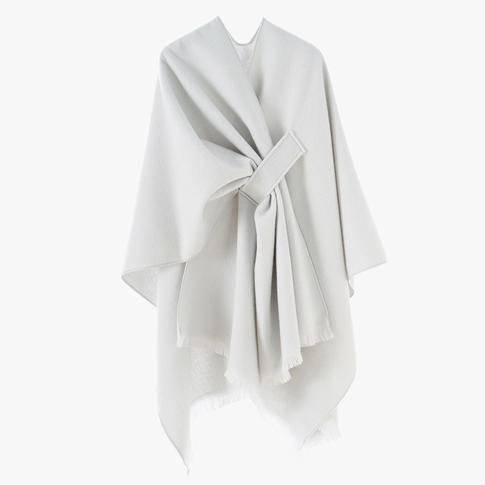 Women's lightweight wool blend wrap with fringes and tie belt Mune Fashion