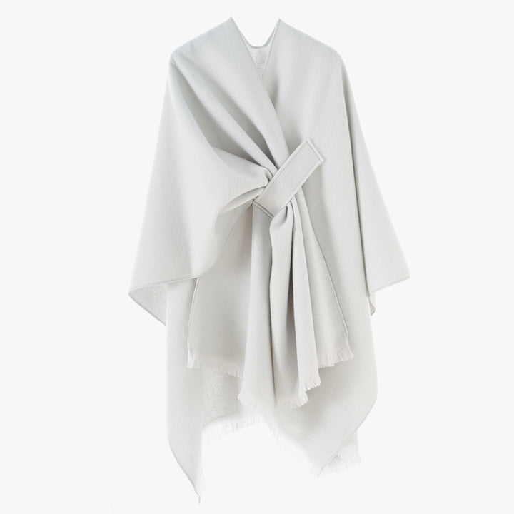 Women's lightweight wool blend wrap with fringes and tie belt Mune Fashion