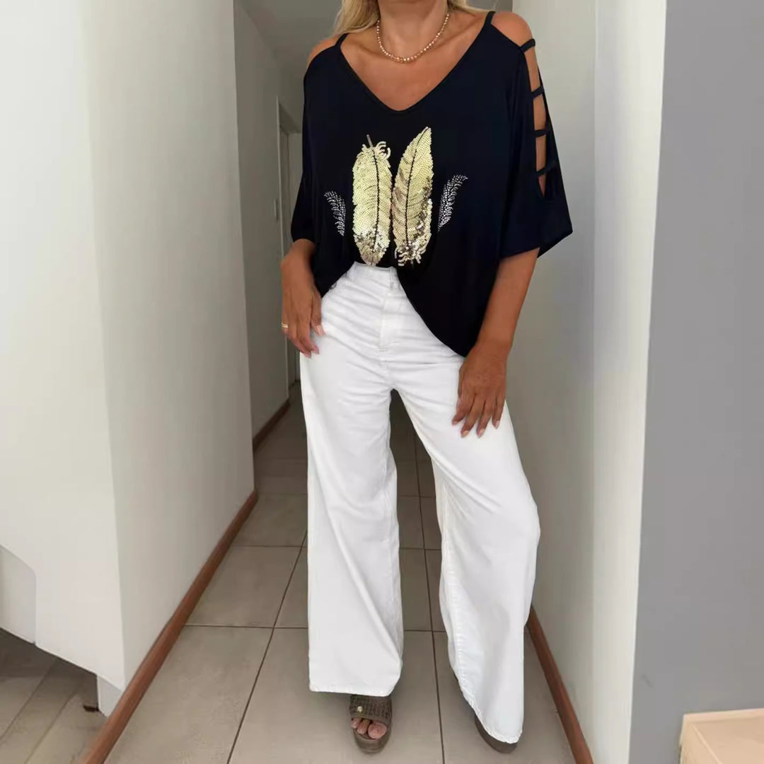 Ladies loose-fitting blouse shirt off-shoulder design with sequin-feather application and split sleeves Mune Fashion