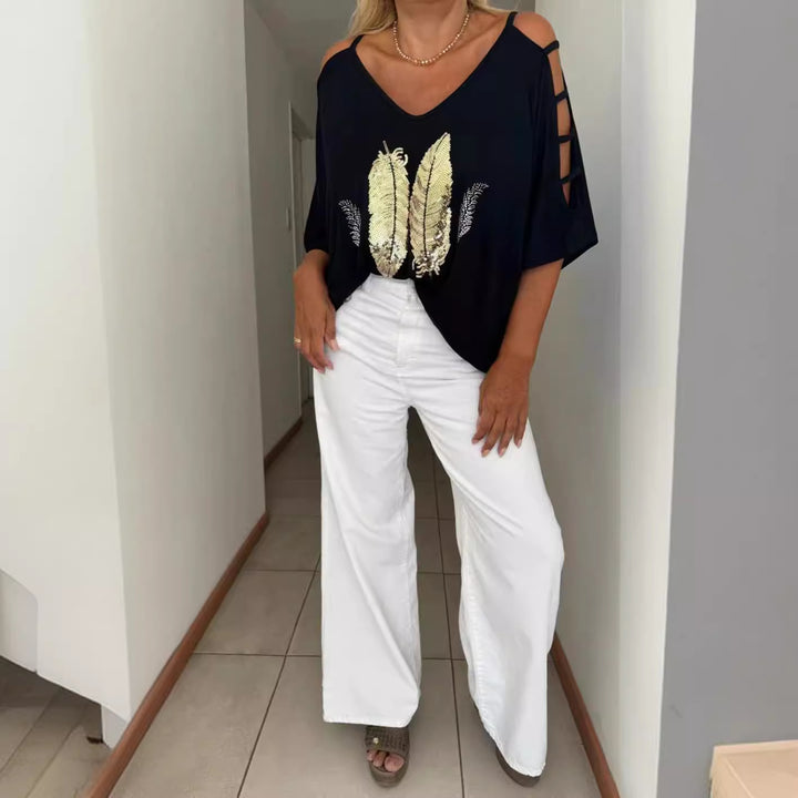 Ladies loose-fitting blouse shirt off-shoulder design with sequin-feather application and split sleeves Mune Fashion